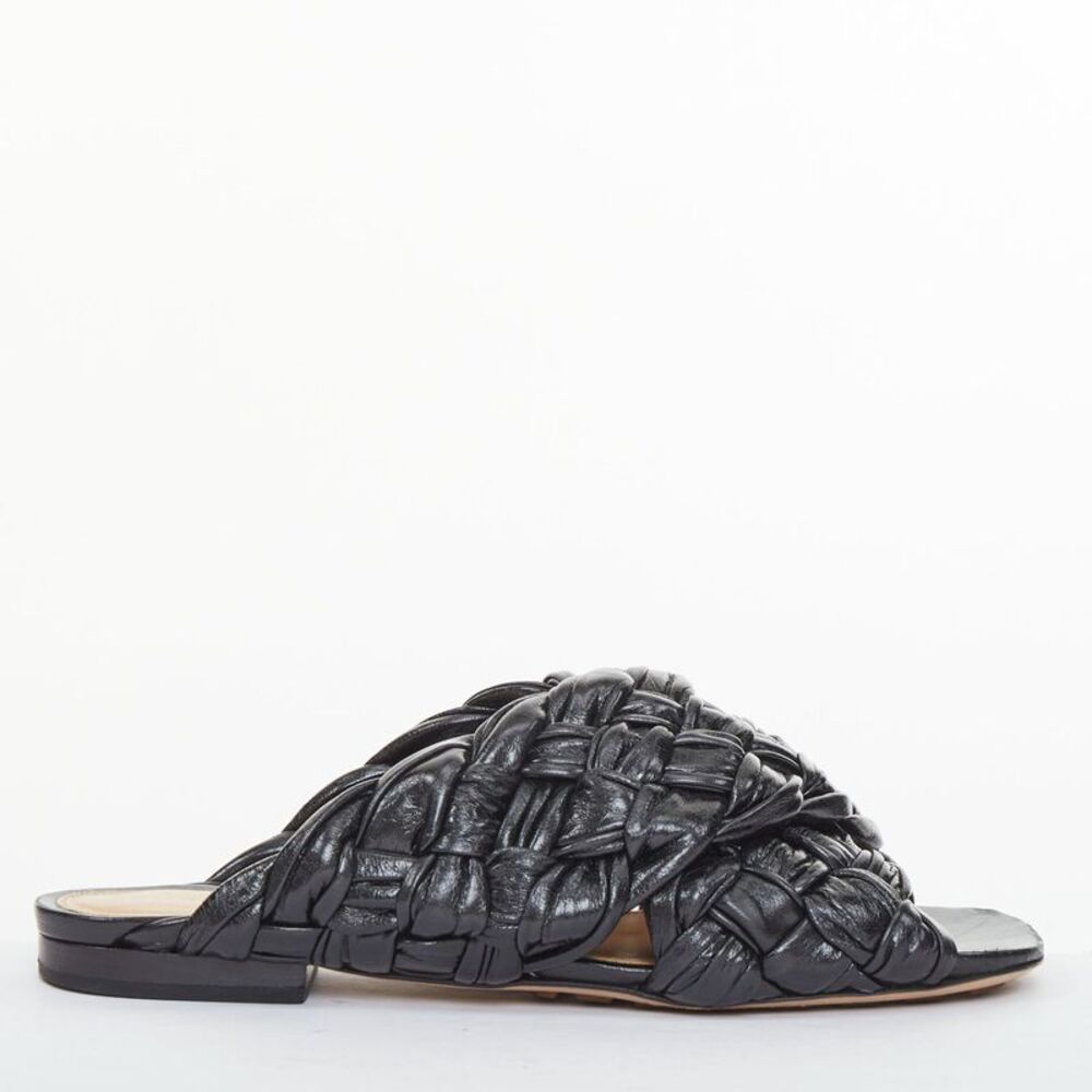 Bottega Veneta The Board Black Woven Leather Slide Sandals